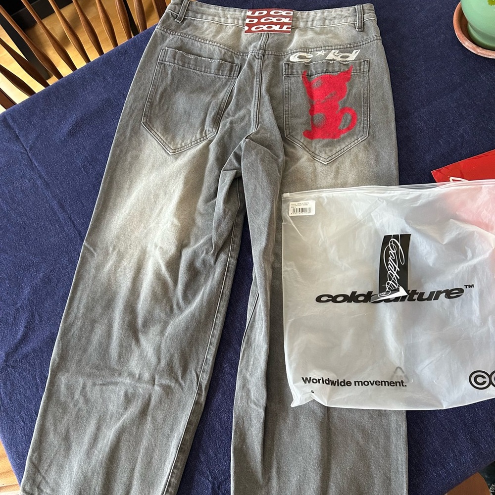 Cold Culture Men's Gray Relaxed Jeans with Red Back-Pocket Graphic